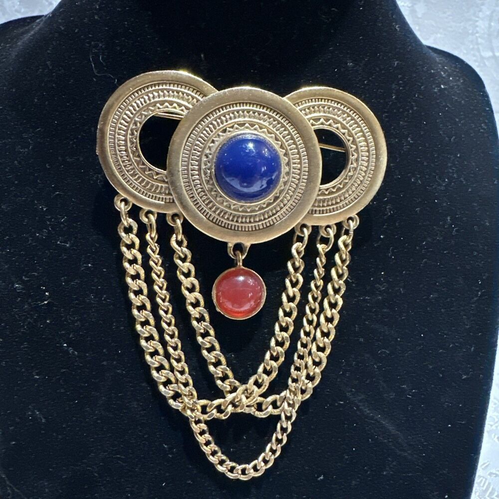 Navy Blue Interlocking Circles Brooch Pin Gold Tone Chains